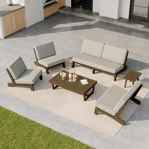 Image of Pia Ricoo 6-Piece Patio Furniture Set, Outdoor Sectional Sofa with Loveseat, 2 Chairs, Coffee Table & Side Table, All-Weather Conversation Set for Backyard /Deck /Lawn - Light Camel