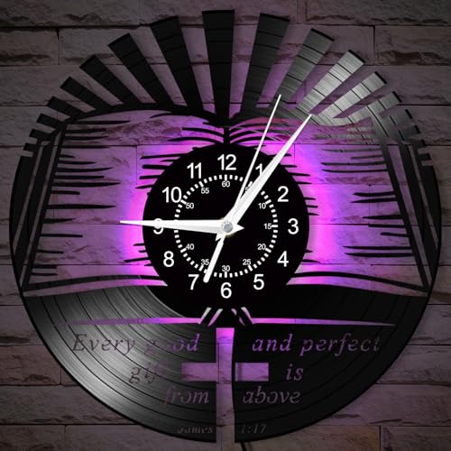 TIMEGLOW 12 Inch Scripture Bible Wall Clock 7 Color Changing, James 1:17 Every Good is from Above Bible Verse Quote Christian Jesus Christ Prayer Vinyl Wall Watch Clock for Bedroom