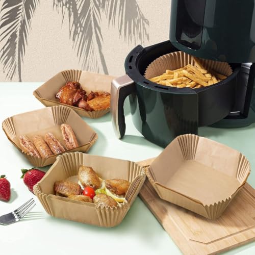 PARENCE.- Set mit 20 quadratischen Papierböden für Heißluftfritteuse 20x20x4 cm – Hitzebeständige antihaftbeschichtete Einwegformen – Airfryer, Backofen, Mikrowelle, Dampfzubehör