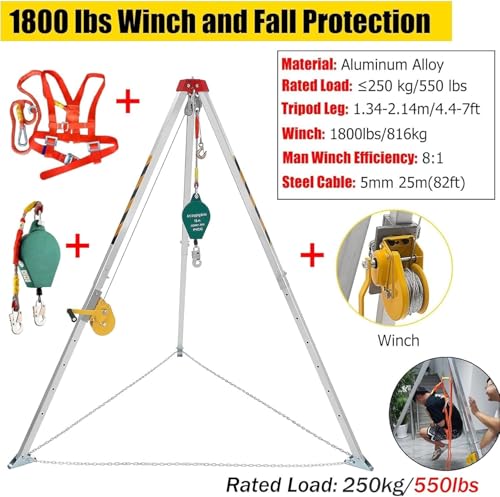 Trépied robuste de sauvetage en espace confiné avec treuil de 816,5 kg – Parfait pour les pompiers, les égout, les caves et les puits – Capacité de levage de 1200/1800/1179,3 kg, sécurité et