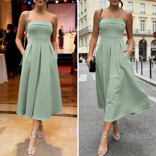 Caracilia Women’s Strapless Semi Formal Midi Dress Summer Tube Top Pleated Flowy Spring Wedding Guest Cocktail Party Dress Light Green Large — view 6