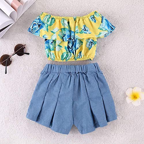 Image of Kids Baby Girls Outfits Floral Ruffle Off Shoulder Crop Tops + Bowknot Denim Shorts Skirt Set Toddler Summer Clothes