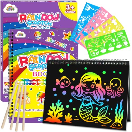 ZMLM Scratch Paper Art-Crafts Gift: 2 Pack Rainbow Notebooks Supplies Toys for 3 4 5 6 7 8 9 10 Years Old Girls and Boys Kids Easter Gifts Christmas Birthday Party Games Mermaid
