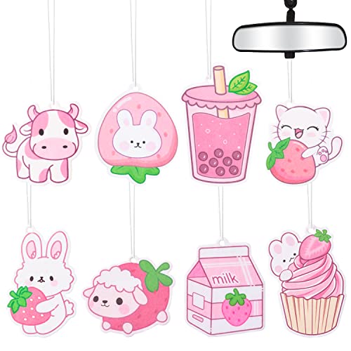 8Pcs Strawberry Cute Pink Car Hanging Decorations, Car Air Fresheners Multiple Scents Car Swinging Ornament Rear View Mirror Pendant, Car Interior Accessories Strawberry Hanging Ornaments Party Supplies #TOP19
