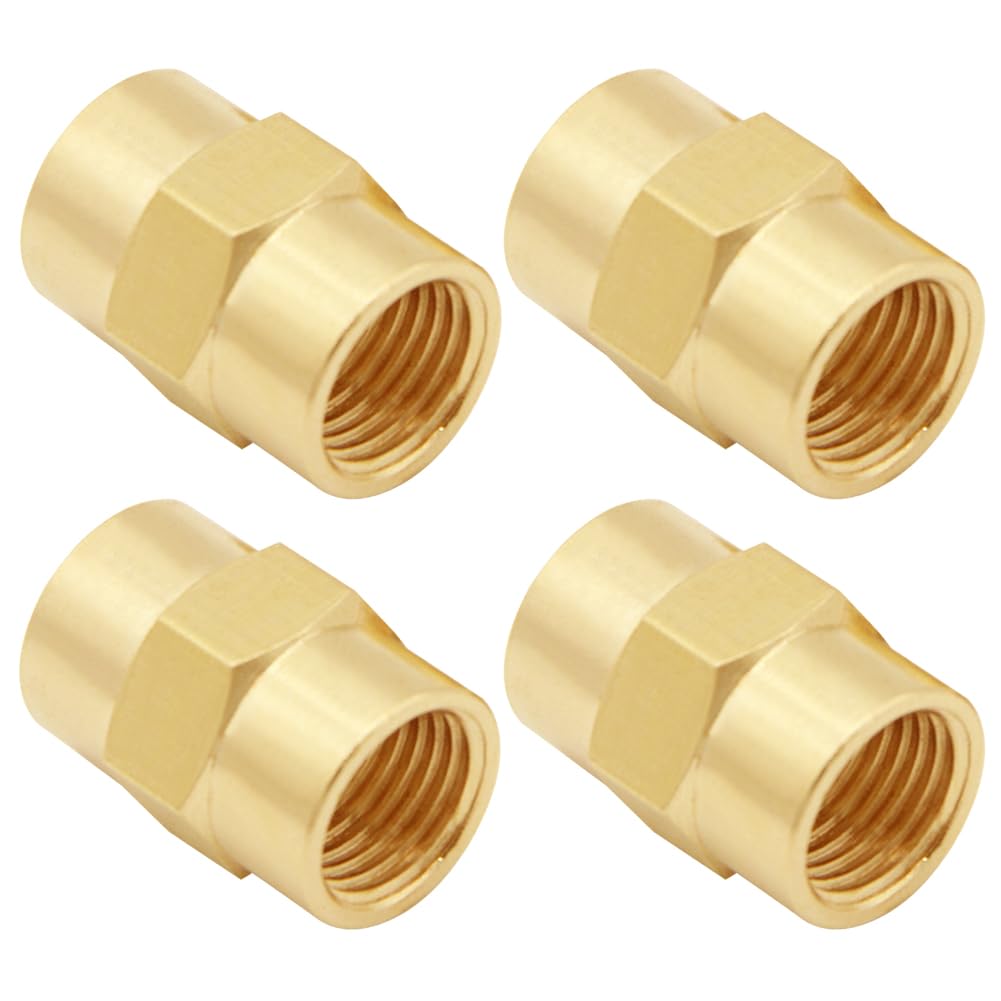 Uenede 4PCS 1/8 Inch NPT Brass Hex Nipple Coupling 1/8" NPT x 1/8" NPT Female Threaded Equal Diameter Coupler Air Hose Pipe Fittings Adapter for Water