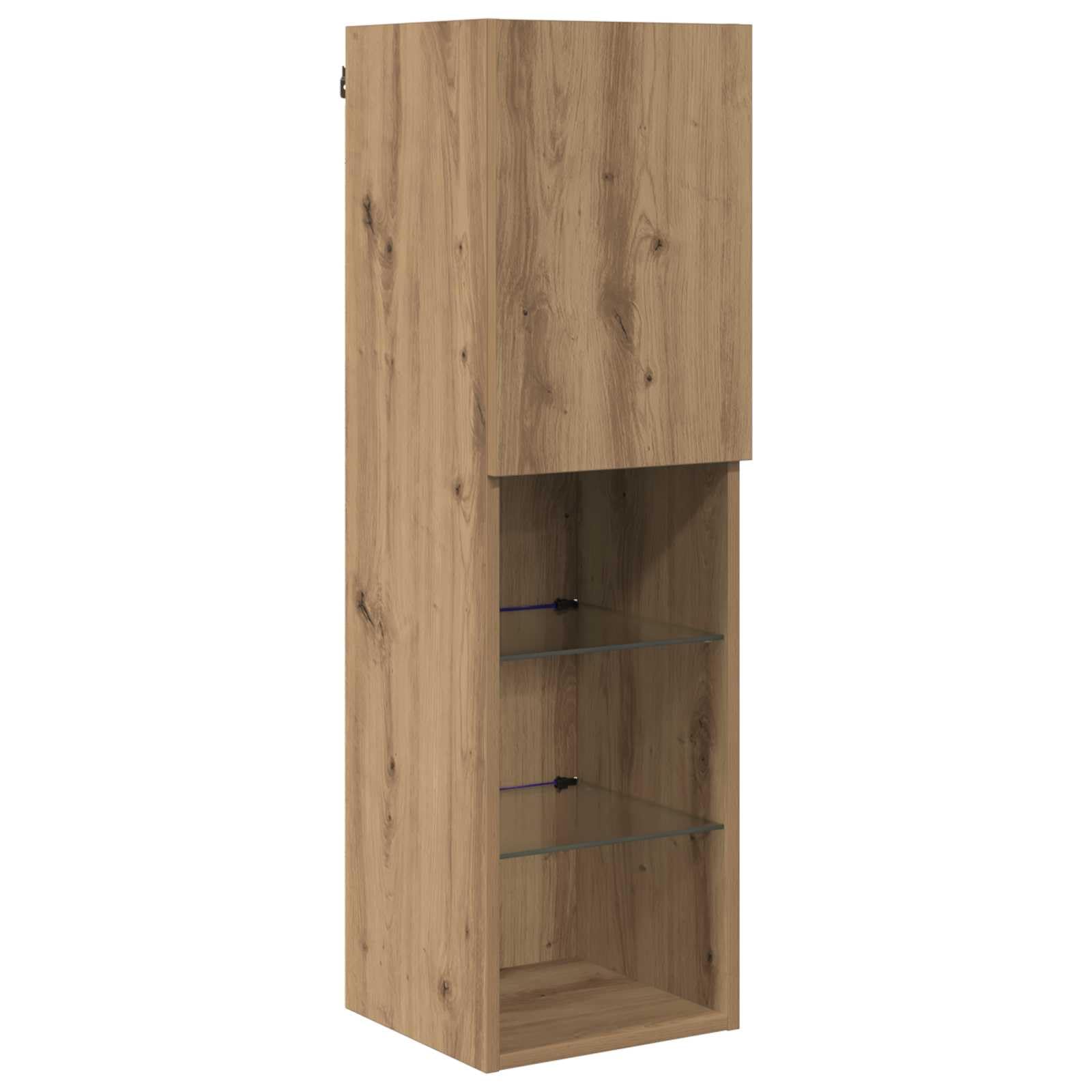 Zestaw 7 półek ściennych pod telewizor, dąb Artisan z materiału drewnopochodnego, montaż na ścianie, wiszący, szafka pod telewizor, przechowywanie multimediów, do salonu i kina domowego