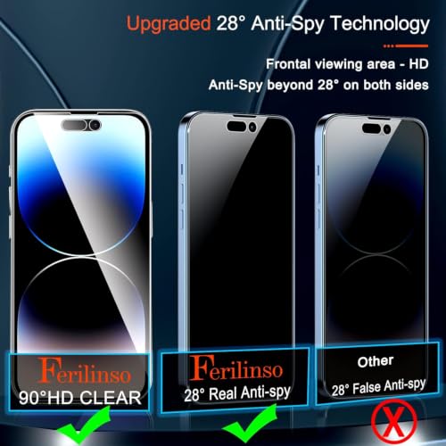 Image of Ferilinso Privacy Screen Protector for iPhone 14 Pro, Tempered Glass | 3 Pack, 9H+ Hardness, Military-Grade Shatterproof, Case Friendly, Easy Installation Bubble Free, with Camera Lens Protectors