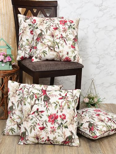 Image of Jaipur Weaves Cushion Cover 16 inch x 16 inch - Pure Cotton, Decorative Soft Floral Cushions for Sofa /Bed /Chair, Gift for Home Decor (5, Red Bird)