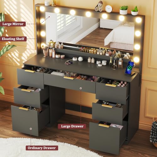 Image of HUAHUU Vanity Desk with Mirror and Lights, 45.3in Makeup Vanity with 7 Drawers & Large Mirror, with 3-Color Adjustable Lighting & Power Outlet, Black Vanity Desk for Bedroom
