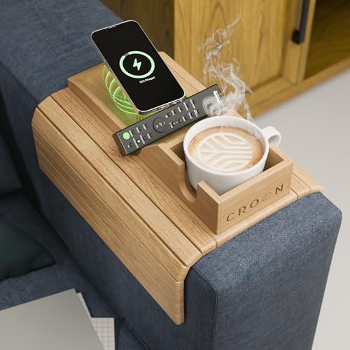 Croon Bamboo Sofa Arm Tray with Wireless Charger for Mobiles, Earbuds, Flexible Foldable Armrest...