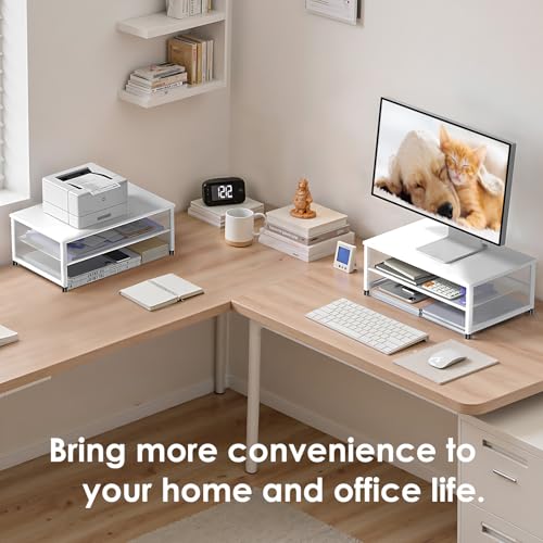 Image of ECOLOVI 2-Tier Computer Monitor Stand Riser, Printer & Laptop Stand, Office Desk Accessories, Workspace Desk Organizer for Home Office Supplies, White