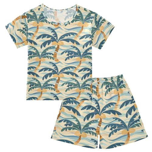 ALAZA Palm Tree Wave Tropical Pajamas Short Sleeve 2 Piece Sleepwear Top and Bottom Pajama Set Unisex