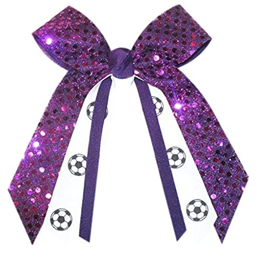 Soccer Sequin Hair Bow, Made in the USA, White Pony Band, many colors (Purple)