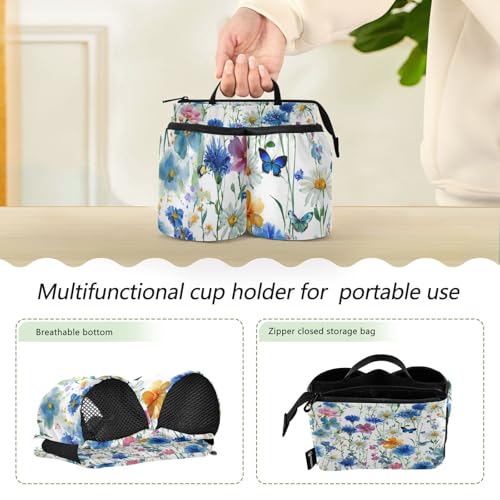 Image of Luggage Cup Holder for Suitcases Free Hands Suitcase Cup Holder Travel Luggage Drink Holder Portable Luggage Cup Caddy Bag Carrier with Handle Watercolor Cornflower Daisy