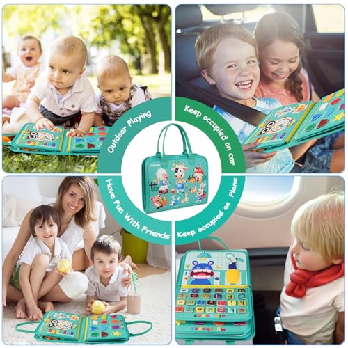 Image of Montessori Busy Board - Sensory Learning Toys for Toddlers 3-6 Years-10 Pages-32 Activities, Airplane Car Travel Educational Toys for Autism, 3 Years Boy Birthday Gift (Cyan)