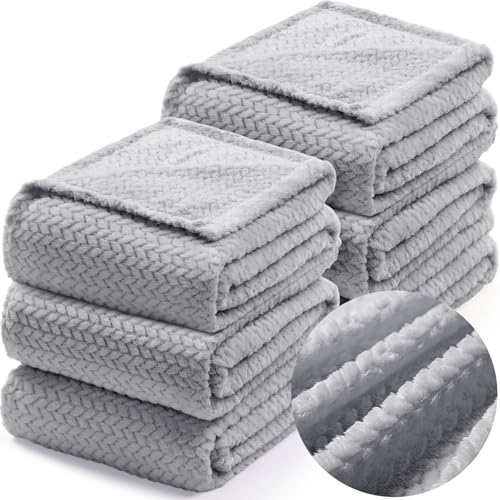 Image of Tinideya 6 Pcs Flannel Throw Blanket Bulk 50 x 60 Inch Wedding Fleece Throw Blanket Soft Lightweight Leave Pattern Jacquard Fuzzy Plush Gifts for Bed Sofa Home Office Wedding (Light Gray)
