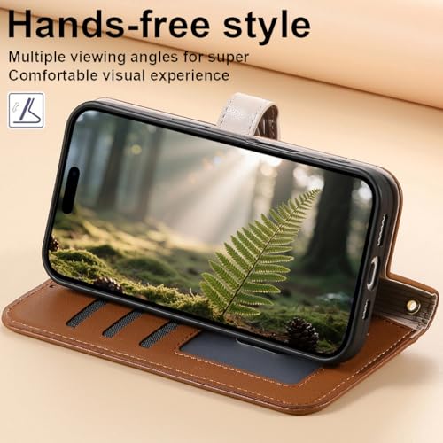 BaiFu Etui z portfelem na zamek błyskawiczny do Wiko Hi Enjoy 60s, pasek na rękę, podpórka, wzory liści drzewa, otwierane foliowe pokrowce na książki do Wiko Hi Enjoy 60s - brązowe
