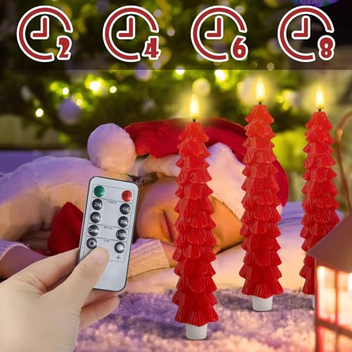 Image of Funtery 6 Pcs LED Christmas Tree Flameless Taper Candles Real Wax Battery Operated Candlestick Lights with 3D Flame and Remote Timer Window Fireplace(Red,Christmas Tree)