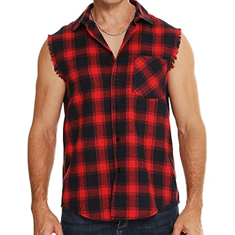 kuboyee Men's Sleeveless Plaid Flannel Shirt Front Pocket Button Down Casual Street Vest Shirts (XXL, Red) Cover
