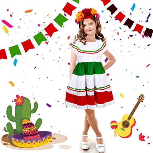 Xtinmee 2 Pcs Girls Traditional Mexican Cinco De Mayo Fiesta Dress Kit With Mexican Fiesta Dress Flower Headpiece Costume Accessory (Elegant Style) #TOP5