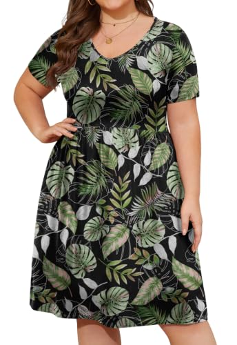 Image of DB MOON Women Plus Size Summer Dresses Casual V Neck Short Sleeve Knee Length Dress with Pockets