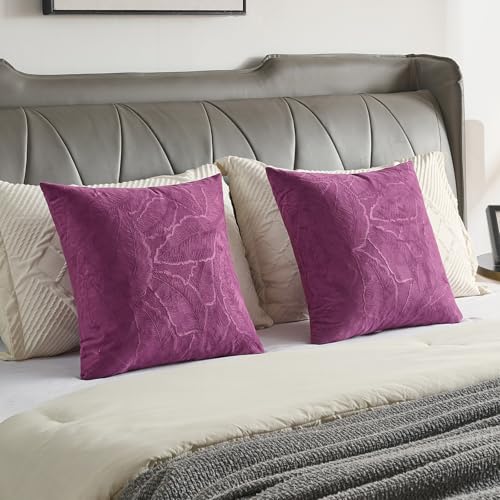 Image of FUTEI Pack of 2 Velvet Throw Pillow Covers 20x20 Inch Soft Embossed Leaf-Relief Textured Decorative Cushion Cases Modern Natural Farmhouse Accent for Couch Bed Living Room, Purple