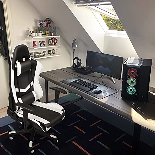 Gamestoel race gamingstoel ergonomische bureaustoel met verstelbare armleuningen nekkussen Instelbare zithoogte,stalen frame, 160° hellingshoek instelbaar belasting 200 kg, zwart en wit - Image 4