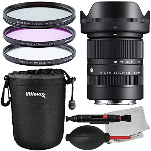Image of Sigma 18-50mm f /2.8 DC DN Contemporary Lens for Sony E + Manufacturer's Accessories, 3PC Multi-Coated Digital HD UV Filter Kit (UV, CPL, FLD), Water Resistant Padded Lens Pouch & More (12pc Bundle)