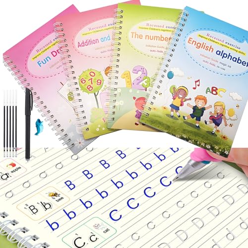 4 Pcs Magic Ink Copybooks for Kids, Magic Books for Children Grooved Handwriting Workbooks with 6 Pcs Magic Ink Pens for Preschools Fun Drawing, The number 0-100, Addition Subractio, English Alphabet