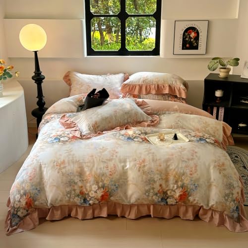 Image of VM VOUGEMARKET Romantic Ruffle Floral Duvet Cover Set Twin,Ultra Soft Double Layer Cotton Plush Pink Bedding Set,Vintage Cottagecore Aesthetic Botanical Comforter Cover for Teen Girls