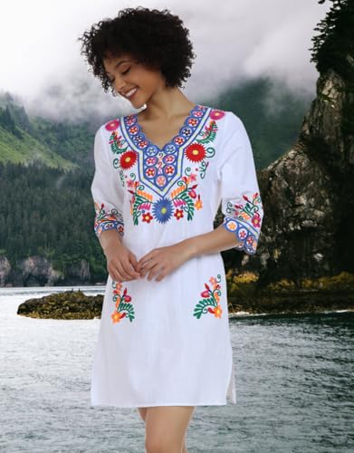 Image of YZXDORWJ Women Embroidered Mexican V Neck Floral Dress Long Sleeve Floral Traditional Bohemian Dress