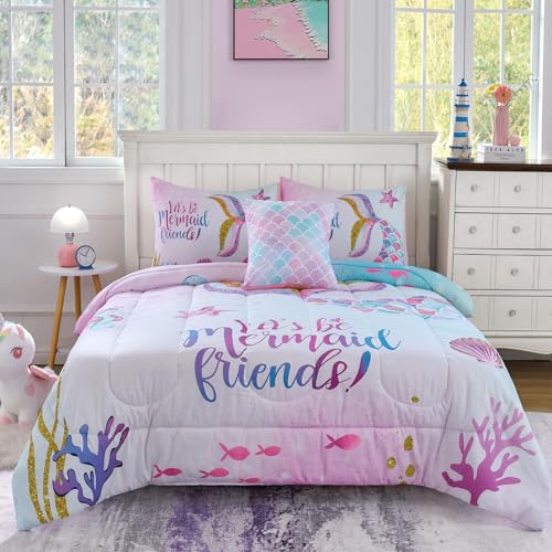 Image of Cokouchyi Twin Size Comforter Set for Girls, 5-Piece Bed in a Bag, 3D Colorful Mermaid Bedding Comforter Sheet Set, Ultra Soft and Fluffy, Mermaid