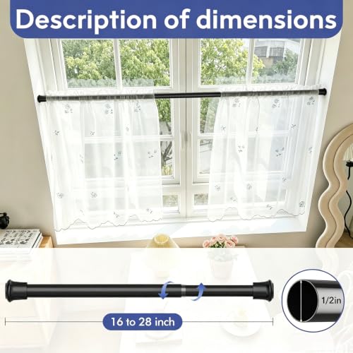 Image of Corklatta 2 Pack Black Spring Tension Curtain Rods Adjustable 16 to 28 Inch, 1 /2 inch Diameter Small Tension Rod,No Drill Curtain Rods for Window