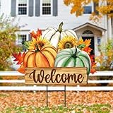 JarThenaAMCS Fall Pumpkin Metal Garden Stakes Green Orange White Pumpkin Decorative Lawn Sign Autumn Harvest Welcome Yard Sign for Thanksgiving Home Outside Lawn Porch Decor