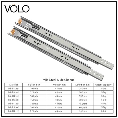 Image of Volo Heavy Duty Drawer Slides, Full Extension Ball Bearing Runners | Pack of 2 Piece | Channels for Kitchen Cabinets, Wardrobes, and Dressers (Mild Steel, 16 Inch)