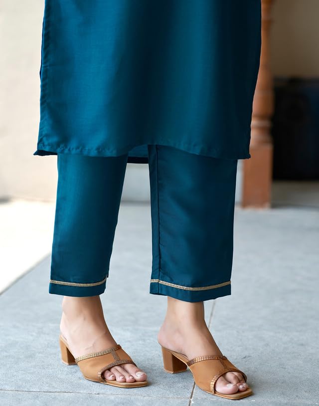 Image of SIRIL Women's Cotton Blend Suit Set for Women | Embroidery Kurta with Pant & Dupatta | Straight Kurta Set