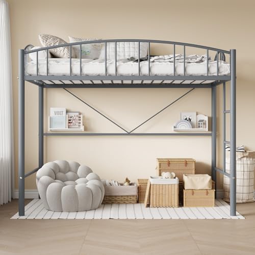Garvee Loft Bed Twin Size with Ladde and Arched Guardrail, Heavy Duty Metal Loft Bed Frame for Kids and Adults, Sturdy Steel Slats Support, Small Space Saving Design, No Box Spring Needed, Gray