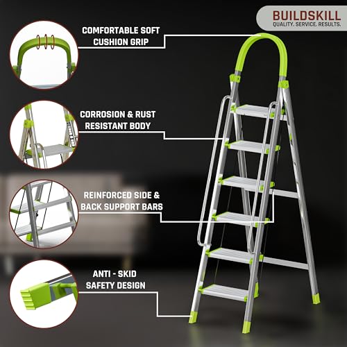 Image of BUILDSKILL Aluminium Ladder for Home 6 Steps | 35x16cm Wide Anti-Slip Aluminium Steps | Stainless Steel Body | Handrails | Load 150 Kg| Foldable Lightweight 6.5KG Ladder for Kitchen, Office & Home