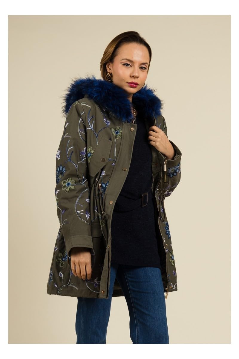 MULTIPLES Manteau kaki brodé de fleurs avec capuche en fourrure bleu, Grande taille disponible, Fabriqué en France