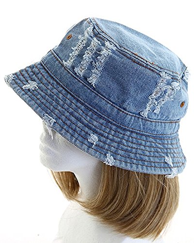 Women's Fashion Distressed Denim Jean Bucket Style Hat (Blue)