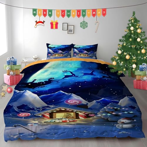 布団カバー キング クリスマス雪だるま|マイクロファイバー 掛け布団カバー 230x210 +枕カバー 2枚 3点セット|吸汗速乾・防静電気・洗濯耐久|肌ざわり最高 トナカイの雪景色 なプリントデザイン PH414
