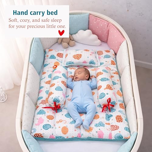 Image of Fareto Combo of Baby Bed with Net | Carry Bag | 4 Pcs Bedding Set (0-6 Months, Baby Size, Cotton) (Pista Sprial)