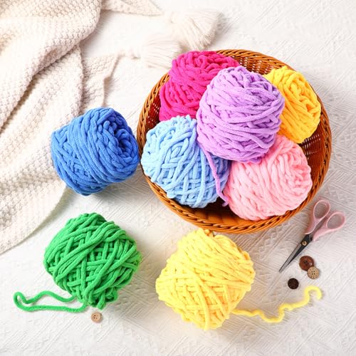 Image of Buryeah 8 Pack Chunky Chenille Yarn for Crocheting Soft Thick Fluffy Yarn for Hand Knitting Bulky Velvet Blanket Plush for Weaving DIY Crafts Each 3.5 oz 55 Yards (Novel Colors)