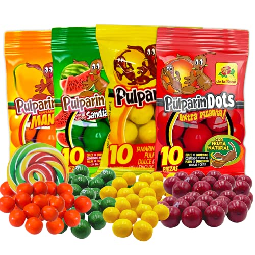 Sweet and Spicy Pulparindo Mexican Candy, Colorful Bite Size Hard Shell with Tamarind Pulp Center, Individual Single Serving Bags, Hispanic Candies, Pack of 4