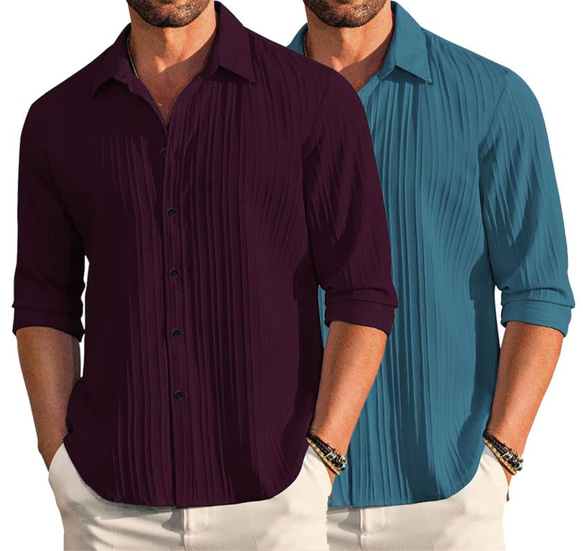 Image of DEELMO Combo of Men's Casual Button Down Shirts Long Sleeve Linen Shirt Fashion Textured Summer Shirts Pack of 2