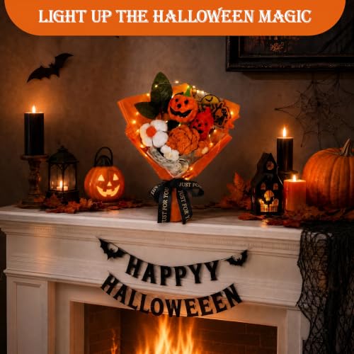 Image of Halloween Crochet Flower Bouquet with Pumpkin & Ghost, Handmade Orange Gift