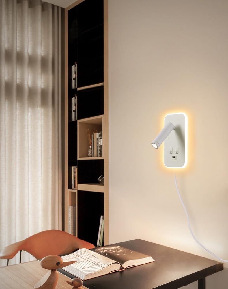 Applique murale LED,liseuse de chevet avec interrupteur,port de charge USB,éclairage d'ambiance réglable pour chambre à coucher (lumière naturelle 3W+lumière chaude 9W) Avec fiche câble,Blanc