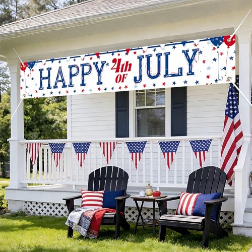 Image of BlissYard Happy 4th of July Banner Patriotic Banner for Outside 118 x 20 Inch Independence Day Decorations American Flag Banner for Yard Fence Porch Party Decor
