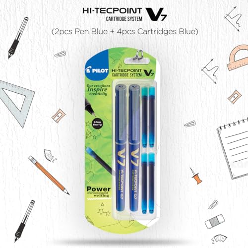Pilot V7 Hi-tecpoint Roller ball pen with Cartridge System - 2 Blue Pens, 4 cartridges (Image - 2)