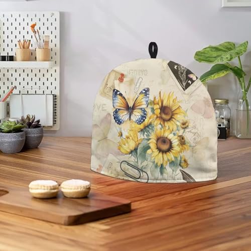 Image of Tea Cozy Tea Pot Cover Keep Tea Warm Insulation Teapot Cozies Machine Washable Kettle Quilt Breakfast Warmer Teapot Warmer Home Indoor Decoration, Butterfly Sunflower Retro